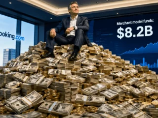 Executive in a suit sits atop a large pile of cash in a modern office, with a screen showing merchant funds at $8.2B in the background.