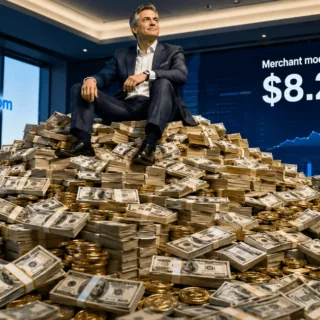 Executive in a suit sits atop a large pile of cash in a modern office, with a screen showing merchant funds at $8.2B in the background.