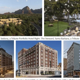 Collage of five hotels: top row left Sky Rock Sedona, a Tribute Portfolio Hotel; top row right The Steward, Santa Barbara, a Tribute Portfolio Hotel; bottom row left Hotel Northland, Autograph Collection; bottom row center a brick-and-beige heritage hotel; bottom row right a modern gray high-rise hotel.