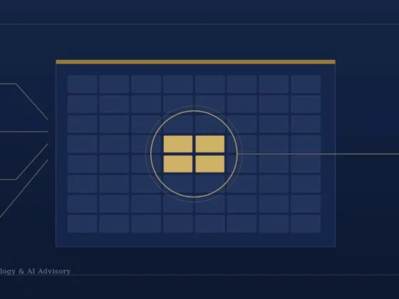 Abstract dashboard with a central grid and four highlighted yellow blocks; left-side labels read Pricing, Scheduling, Guest service, Forecasting.