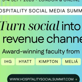Conference poster for Hospitality Social Media Summit with a green-to-blue gradient, lime left stripes, a white rounded badge reading 'HOSPITALITY SOCIAL MEDIA SUMMIT', large headline 'Turn social into a revenue channel', subtitle 'Award-winning faculty from IHG HYATT KIMPTON MELIÁ', four pale-yellow pill badges with IHG, HYATT, KIMPTON, MELIÁ, and a dark rounded URL button at the bottom