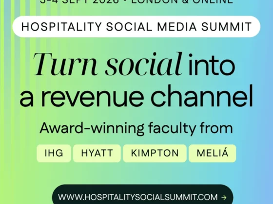 Conference poster for Hospitality Social Media Summit with a green-to-blue gradient, lime left stripes, a white rounded badge reading 'HOSPITALITY SOCIAL MEDIA SUMMIT', large headline 'Turn social into a revenue channel', subtitle 'Award-winning faculty from IHG HYATT KIMPTON MELIÁ', four pale-yellow pill badges with IHG, HYATT, KIMPTON, MELIÁ, and a dark rounded URL button at the bottom