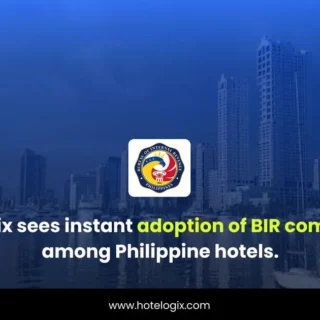 Promotional banner: Hotelogix logo over a city skyline with a badge, announcing instant adoption of BIR compliance among Philippine hotels.