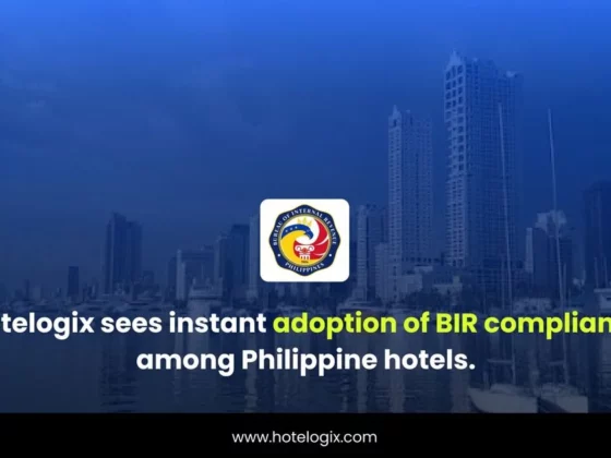 Promotional banner: Hotelogix logo over a city skyline with a badge, announcing instant adoption of BIR compliance among Philippine hotels.