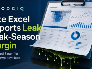 LodgIQ banner: headline 'Late Excel Reports Leak Peak-Season Margin' with a spreadsheet on a clipboard and green glowing drips of data.
