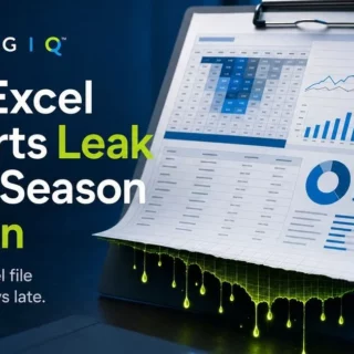 LodgIQ banner: headline 'Late Excel Reports Leak Peak-Season Margin' with a spreadsheet on a clipboard and green glowing drips of data.
