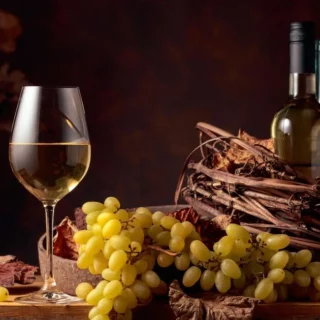 Wine glass of white wine beside a cluster of green grapes and two white wine bottles on a rustic wooden table with dried leaves.