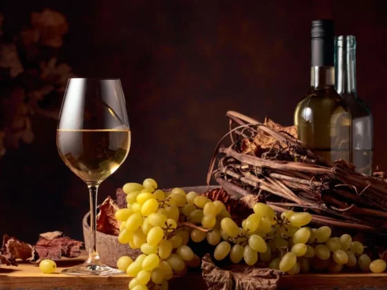 Wine glass of white wine beside a cluster of green grapes and two white wine bottles on a rustic wooden table with dried leaves.