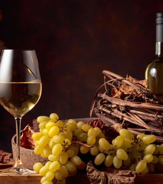 Wine glass of white wine beside a cluster of green grapes and two white wine bottles on a rustic wooden table with dried leaves.