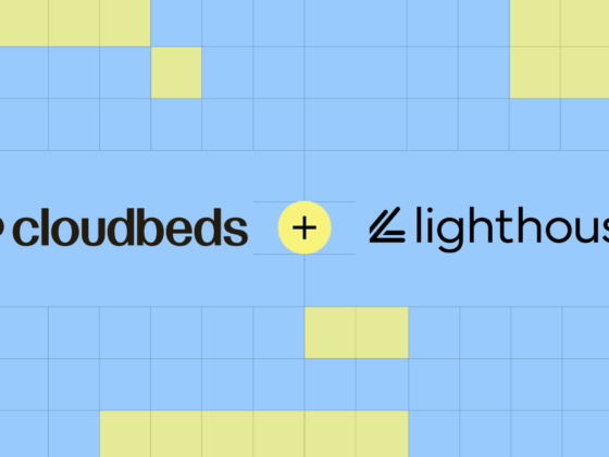 Cloudbeds and Lighthouse partner logos with a yellow '+' between them on a blue grid background.