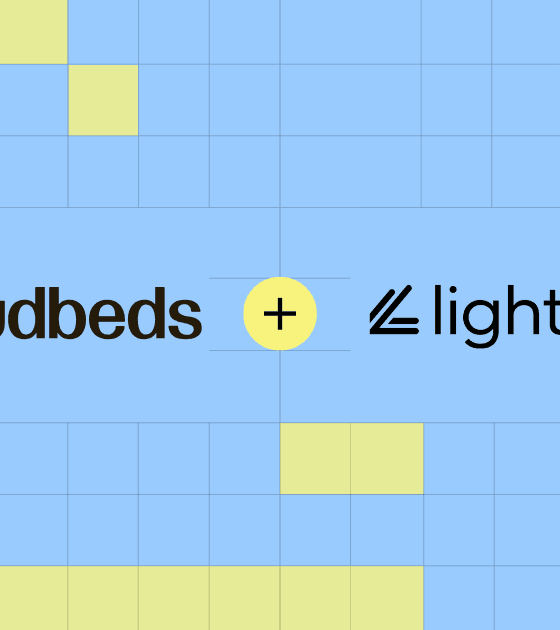 Cloudbeds and Lighthouse partner logos with a yellow '+' between them on a blue grid background.