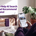 Hero image for an article: shows a person in a purple sweater using a smartphone, with the title 'How to Help AI Search Find and Recommend Your Hotel' and Exely logo in the corner.