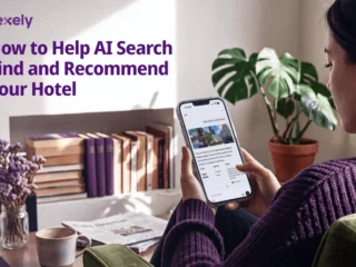 Hero image for an article: shows a person in a purple sweater using a smartphone, with the title 'How to Help AI Search Find and Recommend Your Hotel' and Exely logo in the corner.