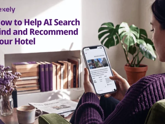 Hero image for an article: shows a person in a purple sweater using a smartphone, with the title 'How to Help AI Search Find and Recommend Your Hotel' and Exely logo in the corner.