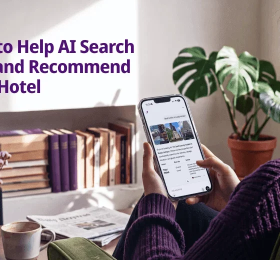 Hero image for an article: shows a person in a purple sweater using a smartphone, with the title 'How to Help AI Search Find and Recommend Your Hotel' and Exely logo in the corner.