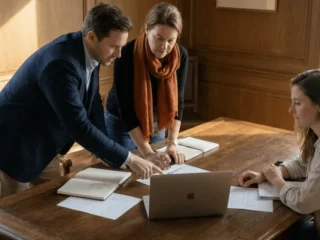 Three colleagues collaborate around a wooden table: two leaning over papers while a third sits with a laptop and notebook open nearby, in a meeting room.