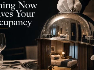 A gloved hand lifts a polished cloche to reveal a luxury hotel room inside, illustrating that dining drives occupancy as shown by the ad text.