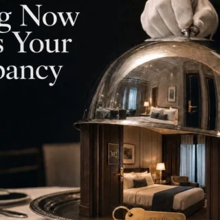 A gloved hand lifts a polished cloche to reveal a luxury hotel room inside, illustrating that dining drives occupancy as shown by the ad text.