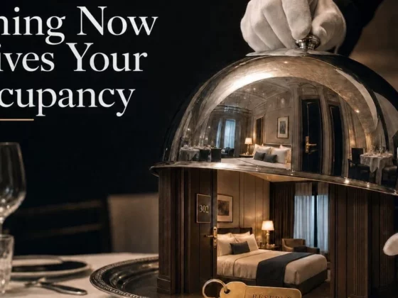 A gloved hand lifts a polished cloche to reveal a luxury hotel room inside, illustrating that dining drives occupancy as shown by the ad text.