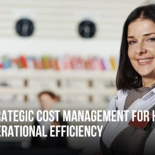 Smiling hotel staff member in uniform beside a banner that reads 'Strategic Cost Management for Hotel Operational Efficiency' with a hospitality lobby backdrop and a logo in the corner.