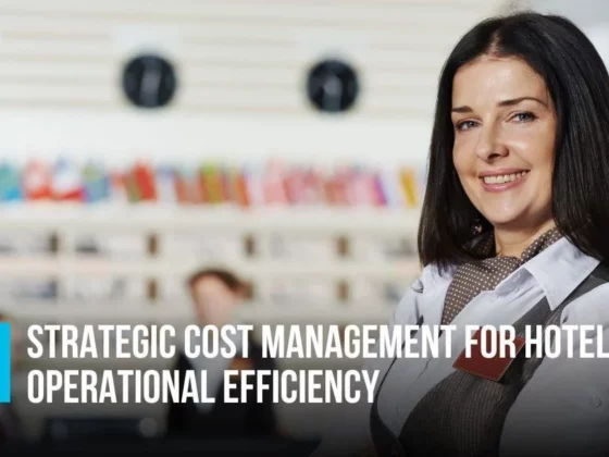 Smiling hotel staff member in uniform beside a banner that reads 'Strategic Cost Management for Hotel Operational Efficiency' with a hospitality lobby backdrop and a logo in the corner.