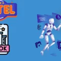 Hotel sign and a book-shaped icon with stars, conveying a hotel rating or booking theme on a blue background.
