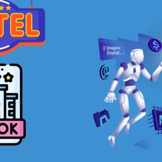 Hotel sign and a book-shaped icon with stars, conveying a hotel rating or booking theme on a blue background.