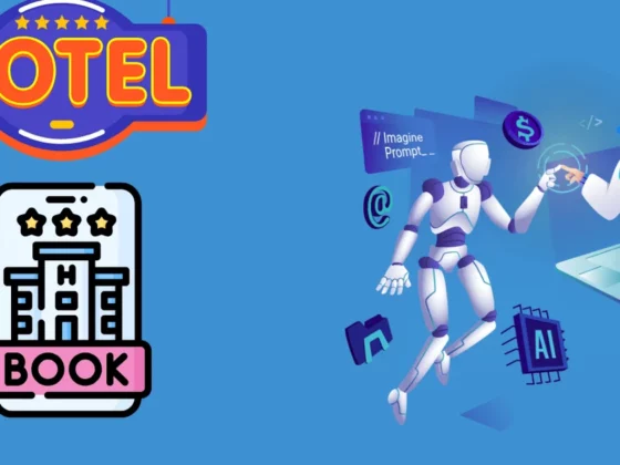 Hotel sign and a book-shaped icon with stars, conveying a hotel rating or booking theme on a blue background.