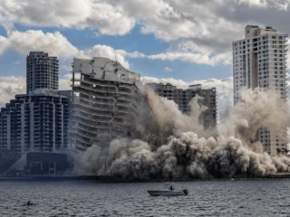 High-rise building collapsing into smoke and rubble beside a body of water, with a small boat in the foreground