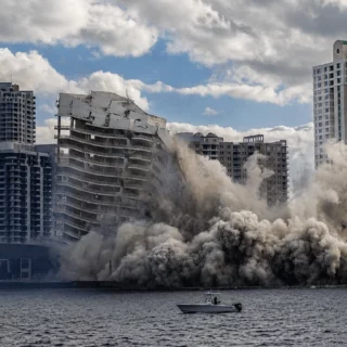 High-rise building collapsing into smoke and rubble beside a body of water, with a small boat in the foreground