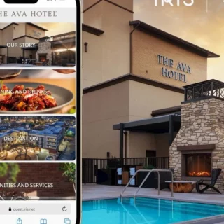 Exterior view of The Ava Hotel at sunset with pool area; a smartphone mockup shows the hotel's mobile app menu (Our Story, Dining and Drinks, Destination, Amenities and Services).