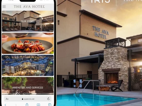 Exterior view of The Ava Hotel at sunset with pool area; a smartphone mockup shows the hotel's mobile app menu (Our Story, Dining and Drinks, Destination, Amenities and Services).