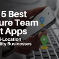 Hero graphic showing a person using a smartphone over a laptop with interconnected location pins, illustrating secure team chat apps for multi-location hospitality businesses.