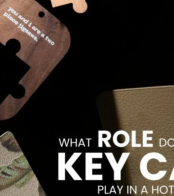 Dark promotional image with scattered hotel key cards and bold white text: 'What role does a key card play in a hotel's identity?'