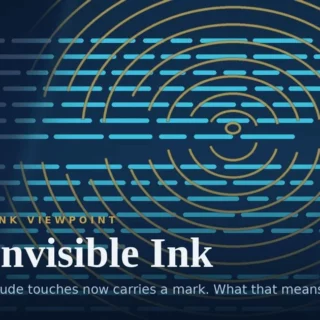 Cover art for PerTLINK Viewpoint: ‘The Invisible Ink’ with golden concentric rings over a blue background and blue dashed lines, plus the subtitle about hotels.