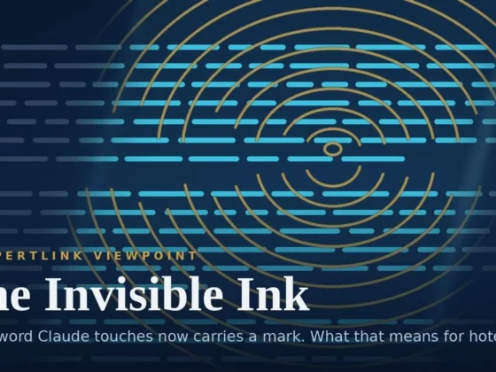 Cover art for PerTLINK Viewpoint: ‘The Invisible Ink’ with golden concentric rings over a blue background and blue dashed lines, plus the subtitle about hotels.
