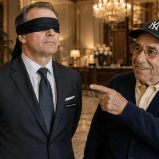 Man in a dark suit with a blindfold stands in a hotel lobby as another smiling man in a Yankees cap points at him playfully.