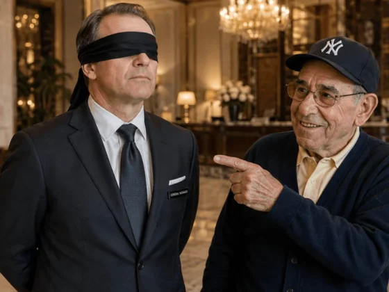 Man in a dark suit with a blindfold stands in a hotel lobby as another smiling man in a Yankees cap points at him playfully.