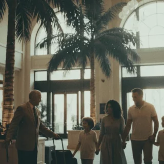 A man in a suit leading a family of four with luggage through a bright hotel lobby with palm trees and large windows.