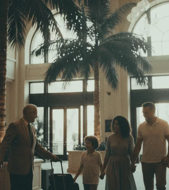 A man in a suit leading a family of four with luggage through a bright hotel lobby with palm trees and large windows.