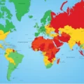 World map color-coded by country risk levels from red (very high) to dark green (very low) with a legend bottom-left.