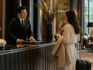 Hotel concierge in a suit checks in a guest at a dark wood front desk in a luxury lobby with a rolling suitcase nearby.