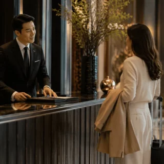 Hotel concierge in a suit checks in a guest at a dark wood front desk in a luxury lobby with a rolling suitcase nearby.