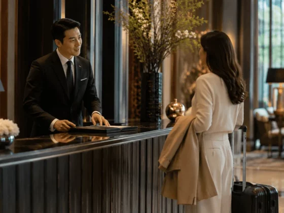 Hotel concierge in a suit checks in a guest at a dark wood front desk in a luxury lobby with a rolling suitcase nearby.