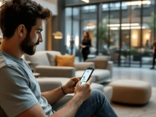 Man with a beard sits on a sofa in a modern lobby, looking at his smartphone.