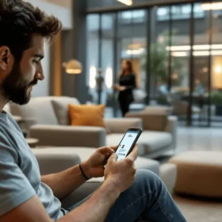 Man with a beard sits on a sofa in a modern lobby, looking at his smartphone.