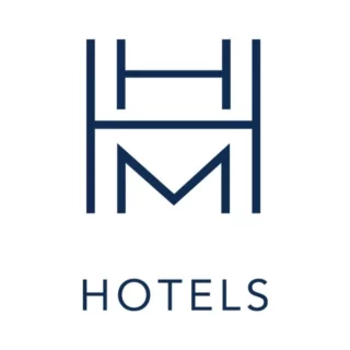 Brand logo with a navy blue geometric HM monogram above the word HOTELS.