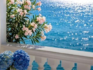 Seaside balcony with pink oleander flowers and blue hydrangeas overlooking sparkling blue water.