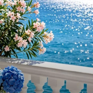 Seaside balcony with pink oleander flowers and blue hydrangeas overlooking sparkling blue water.