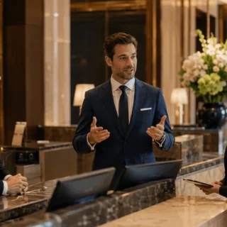 Hotel reception: a well-dressed man in a blue suit speaks to four staff members at the marble front desk.